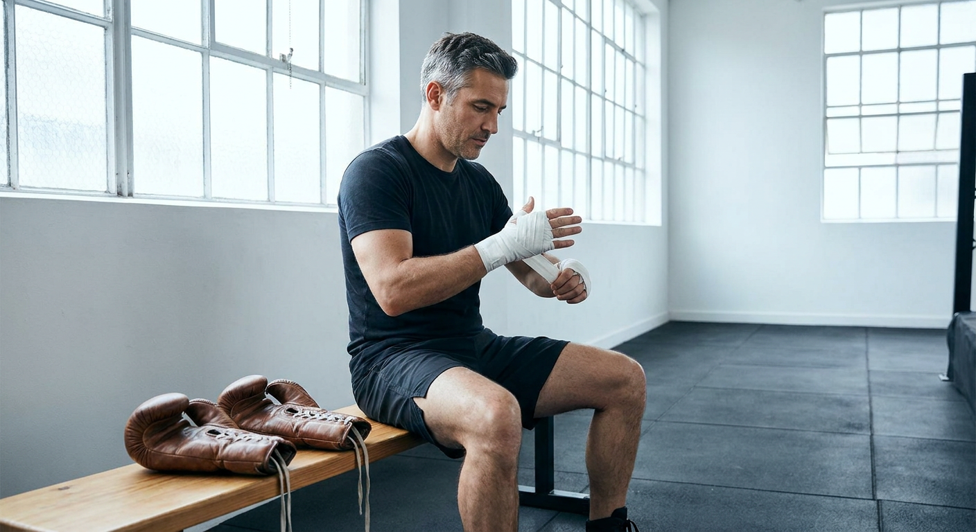 Fit man in his 40s with greying hair wrapping hands at a bench in a sunlit modern boxing gym, boxing gloves beside him