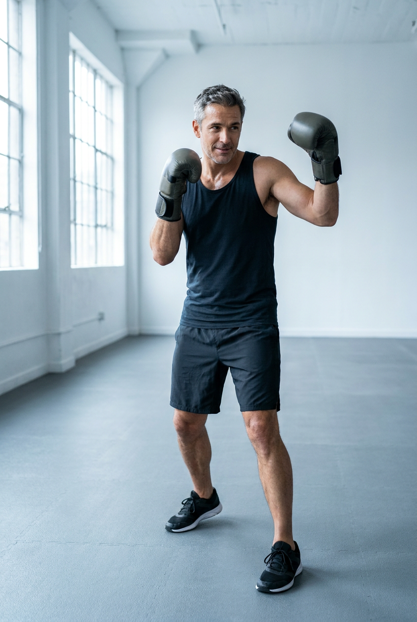 Man in his 40s with salt-and-pepper hair in boxing guard stance in a bright minimalist gym, wearing gloves, shadowboxing