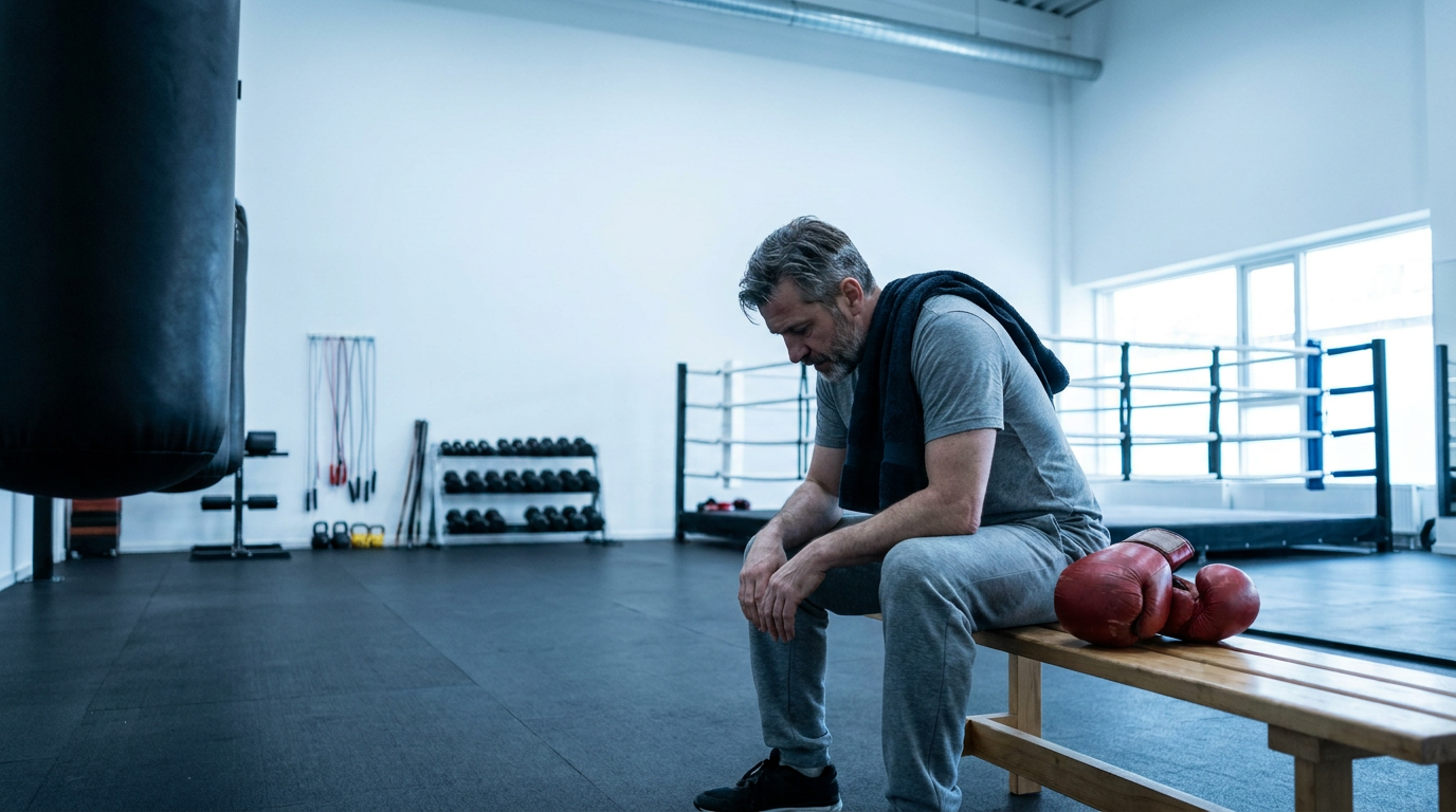 Bearded man in his mid-40s sitting on a gym bench with a towel around his shoulders after a training session, red boxing gloves on the bench, modern gym in background