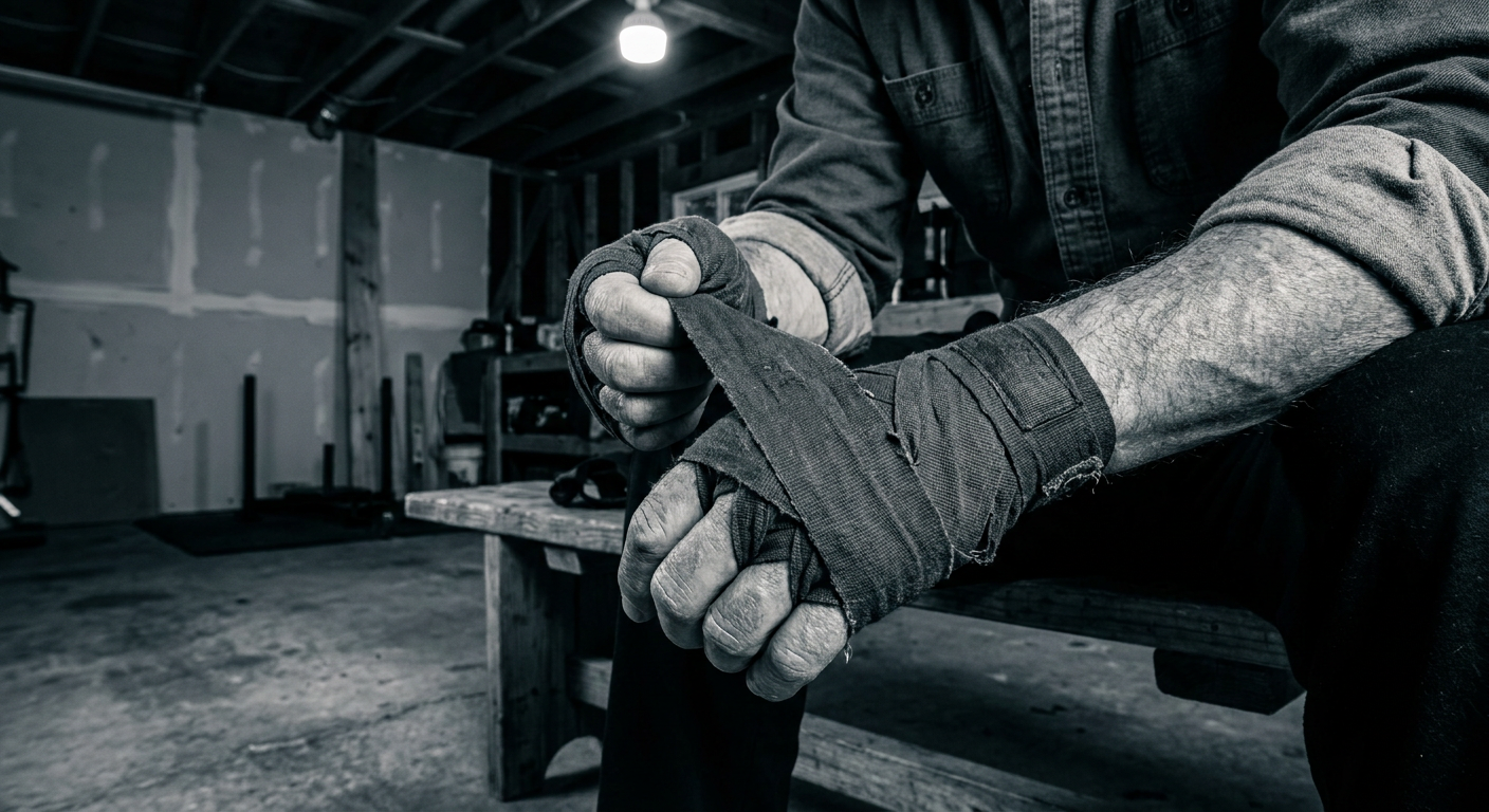 Close-up of an older man's hands wrapping Mexican-style cotton hand wraps around his knuckles in a home garage gym, high-contrast desaturated monochrome tone