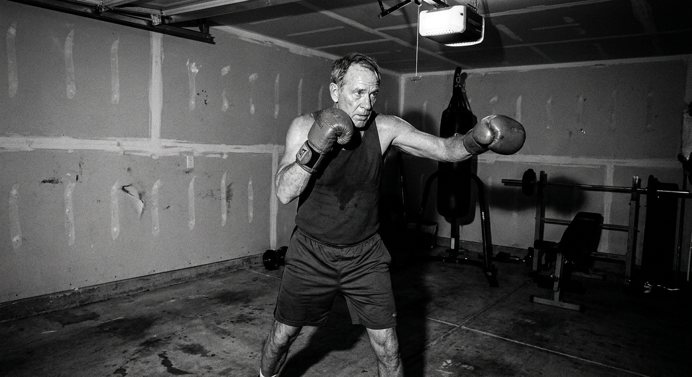 Older man in his early 60s shadowboxing in a home garage gym with concrete floor and bare walls, high-contrast desaturated tone, mid-distance shot showing boxing stance