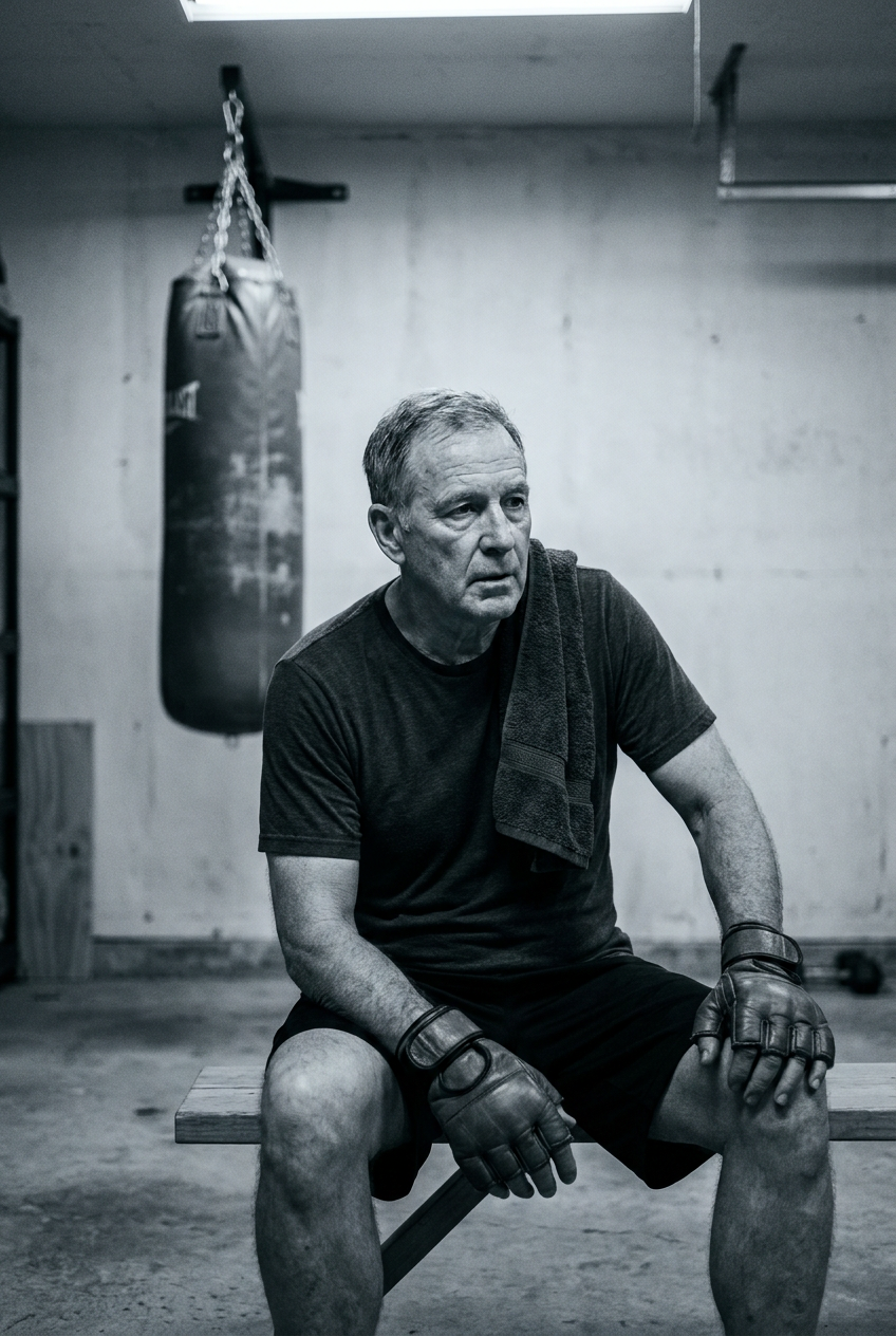 Older man in his 60s seated on a wooden bench in a home garage gym, sweat towel over his shoulder, catching breath with worn training gloves resting on his knees, heavy bag blurred in background, desaturated monochrome portrait
