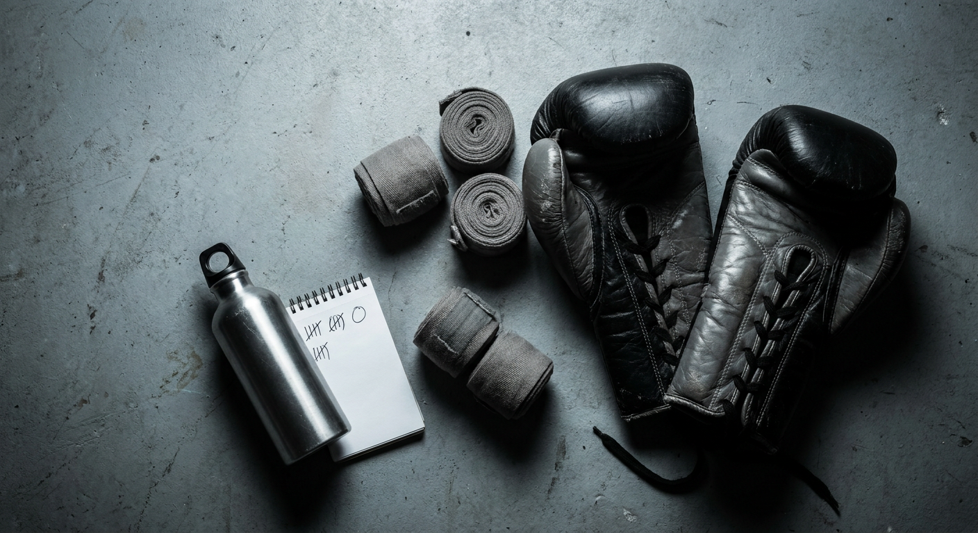 Flat lay on a concrete garage floor showing boxing gear including black lace-up bag gloves, rolled cotton hand wraps, and a plain water bottle, cool grey overhead light, high-contrast desaturated overhead composition