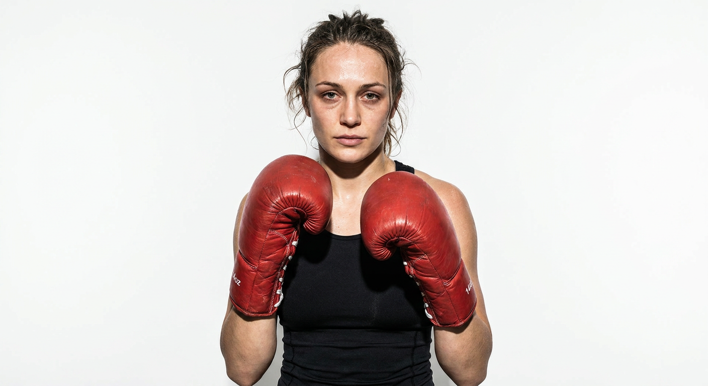 Female boxer in portrait shot with red lace-up gloves raised in guard position, studio white backdrop, focused expression
