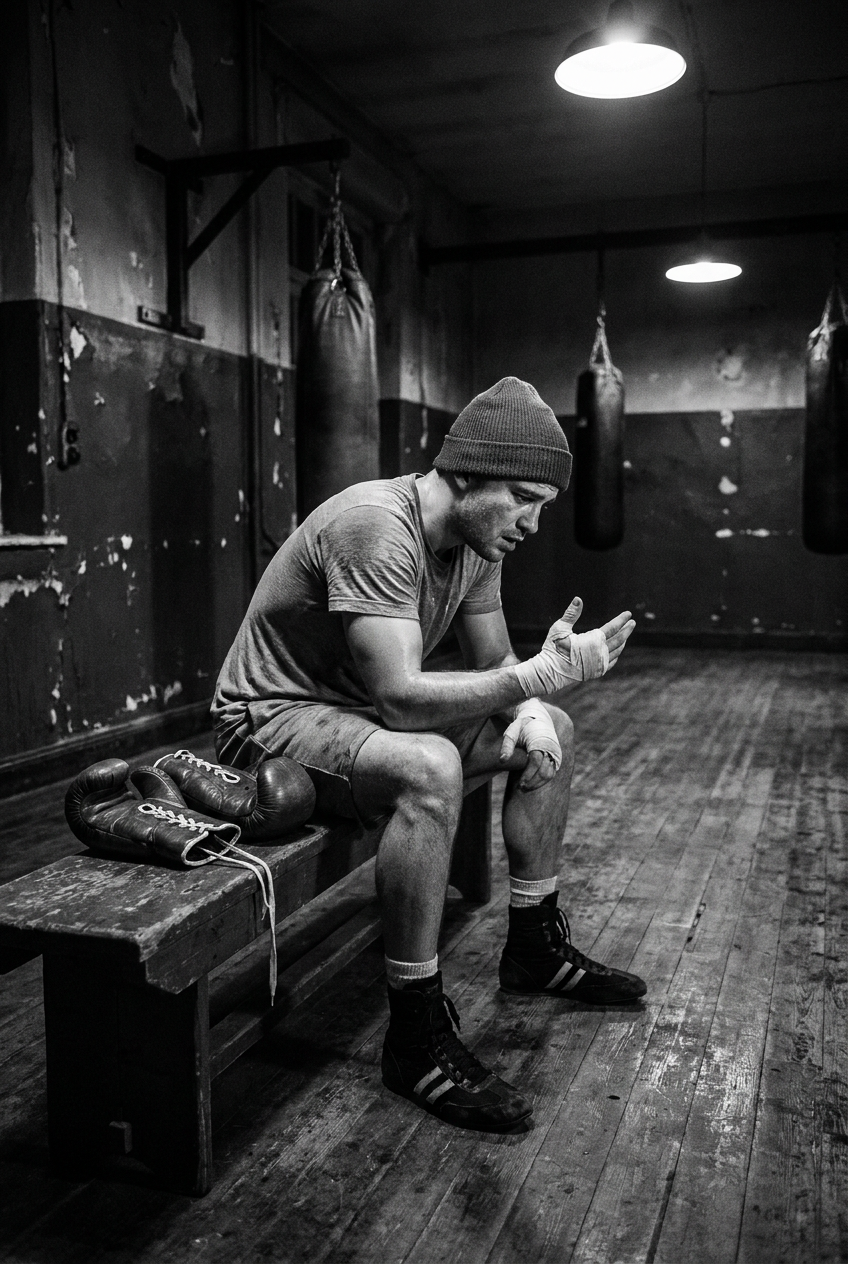 Boxer seated alone on a gym bench in an old-school boxing gym with faded walls, looking down at his right hand with concern, lace-up bag gloves beside him, vertical portrait, desaturated black-and-white tone