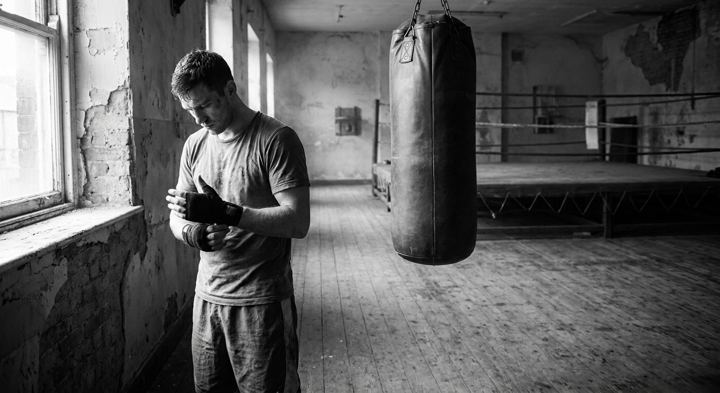 Wide shot of a solo boxer standing in front of an unfocused heavy bag in a classic gym, holding both wrapped hands up and examining them under side-window daylight, desaturated editorial tone