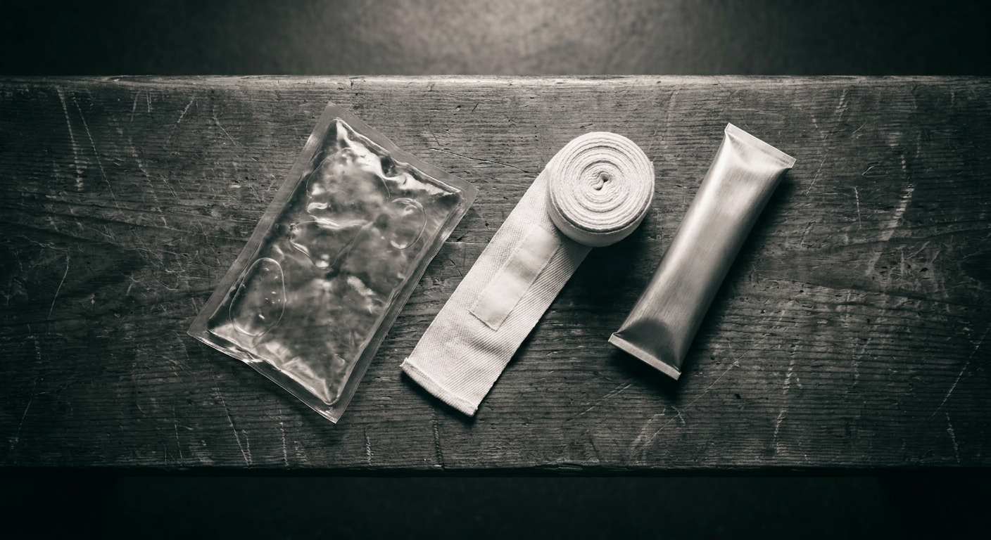 Flat-lay overhead shot of boxing recovery items on a wooden gym bench: ice pack, rolled white hand wrap, and plain tube of topical cream, high-contrast desaturated tones