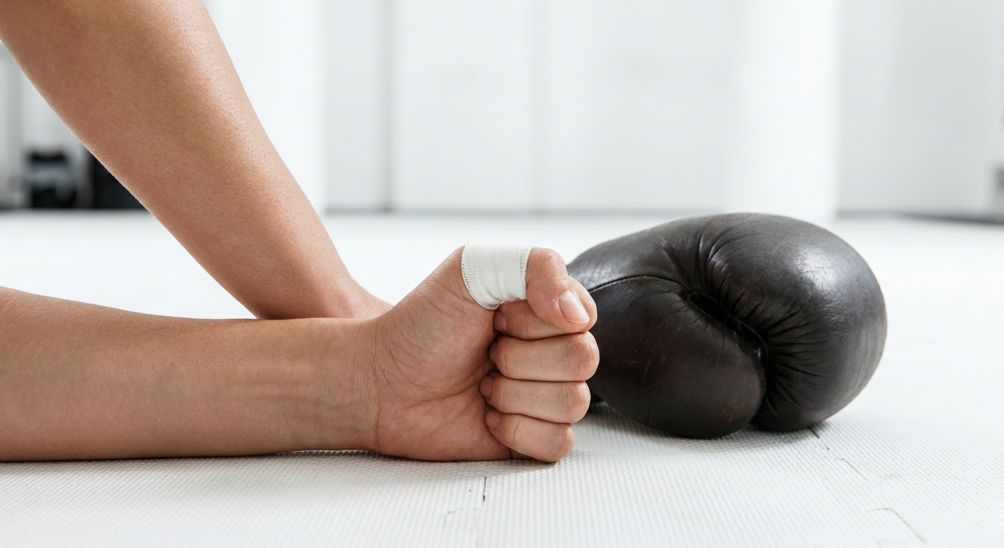 Extreme close-up of a female boxer's wrist and hand forming a proper fist with taped knuckles, wrist joint flat and aligned, plain bag glove beside it on white rubber floor mat