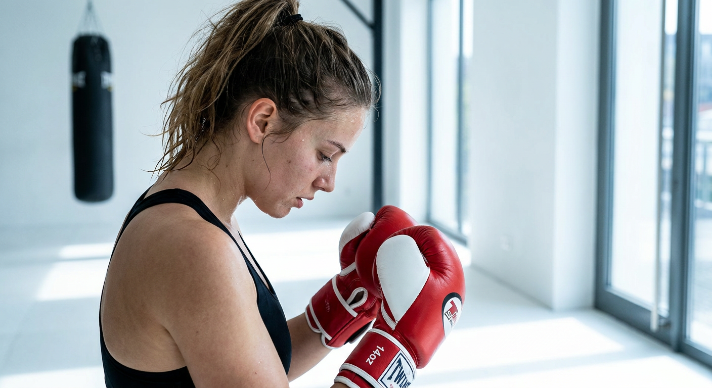 Tight portrait of a young female boxer in a bright modern gym looking down at her red bag gloves with focused expression, white walls and heavy bag partially visible in background