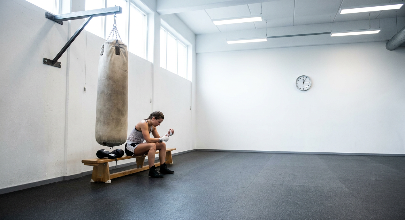 Wide shot of a bright modern boxing gym, female boxer seated on a bench beside a heavy bag with one glove removed, holding her wrist with her other hand while resting between rounds