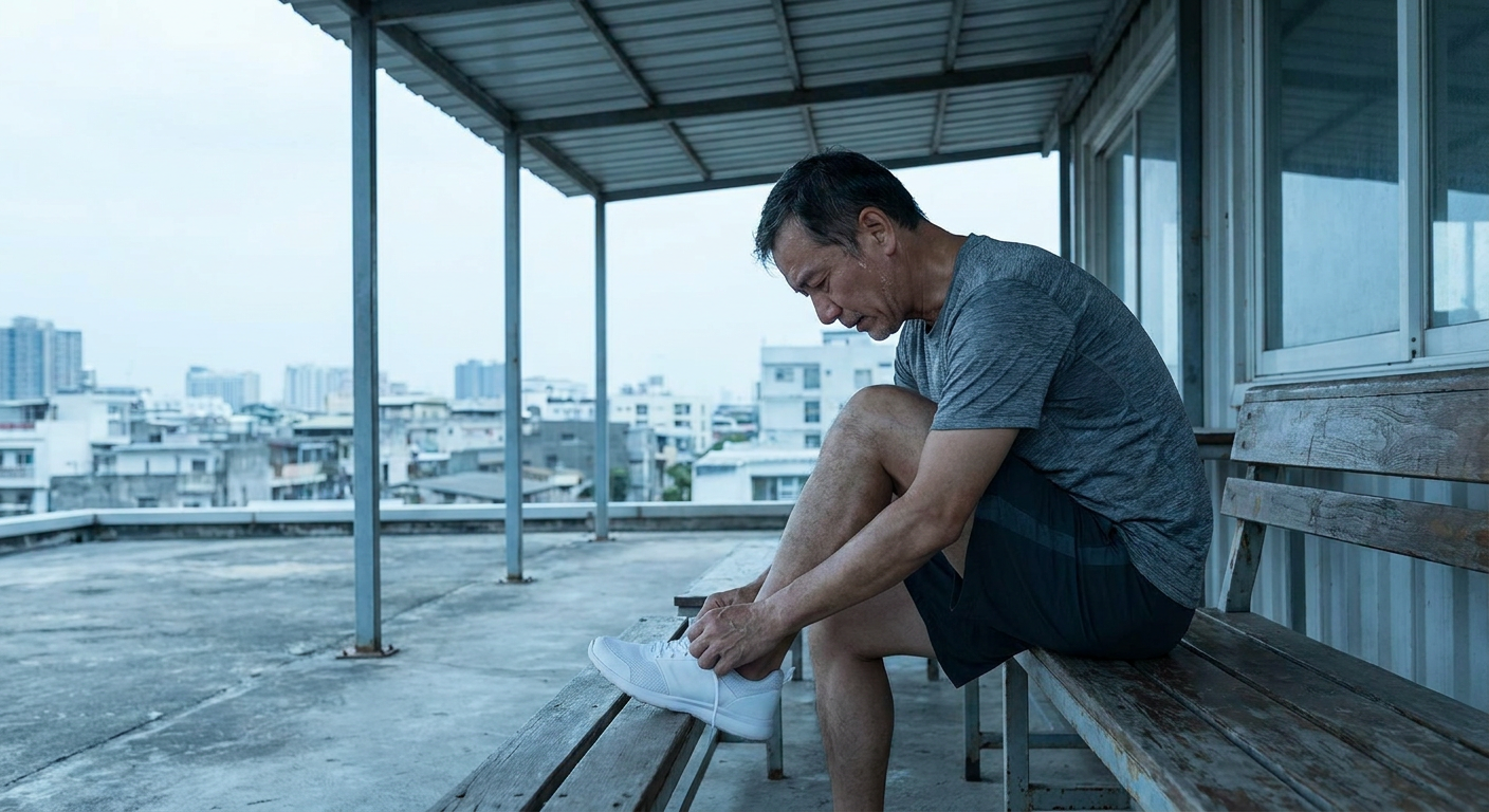 Masters-age boxer in his 50s seated outdoors under a metal awning, unlacing his running shoe and looking down at his foot after roadwork
