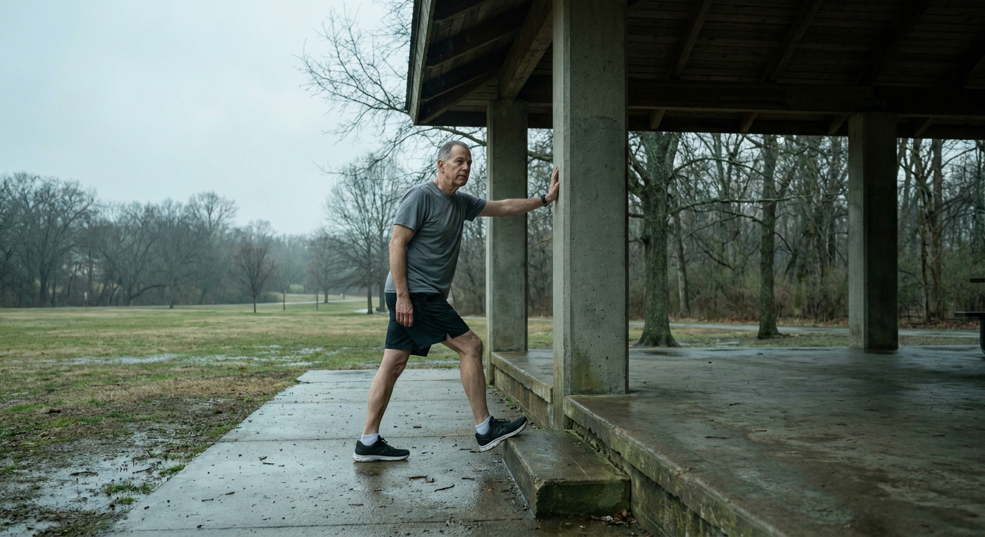 Older male runner in his 50s performing a calf stretch at the edge of an outdoor park pavilion, one hand on a concrete pillar, wide environmental shot