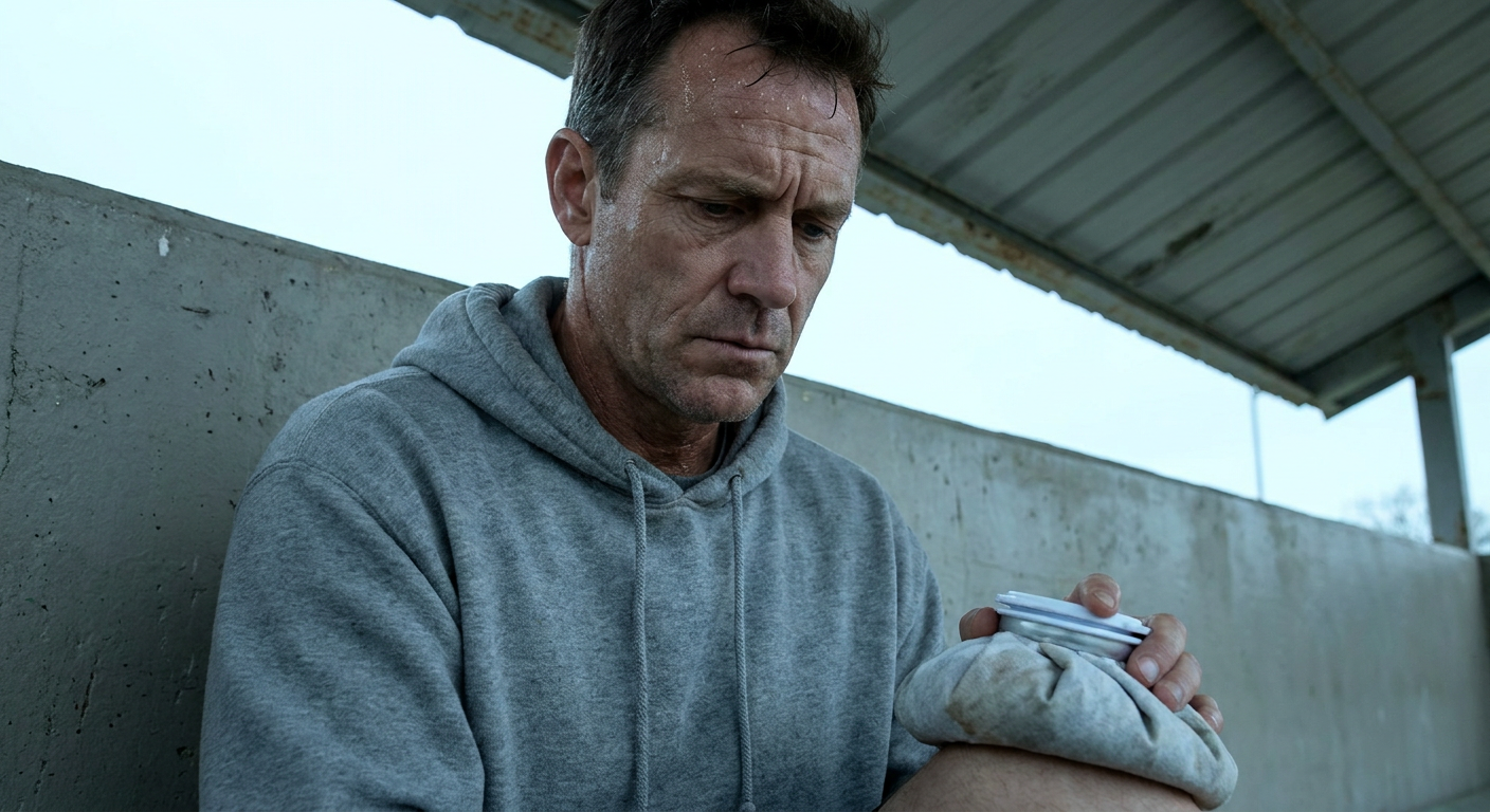 Tight portrait of an older boxer in his late 40s with sweat on his forehead, looking down with a focused expression, outdoors under an awning in cool overcast daylight