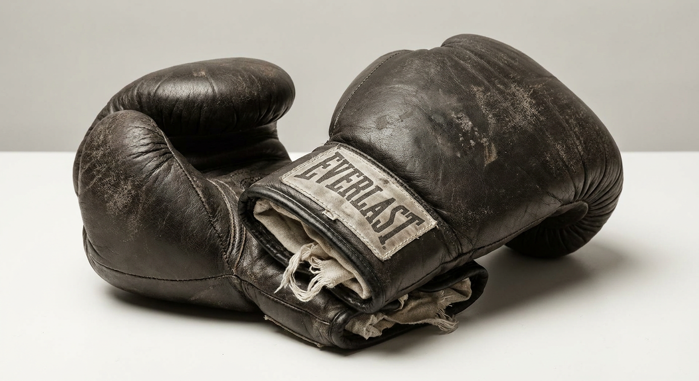Close-up of worn red lace-up boxing gloves with white Mexican-style hand wraps resting on a plain studio surface, muted grey tones