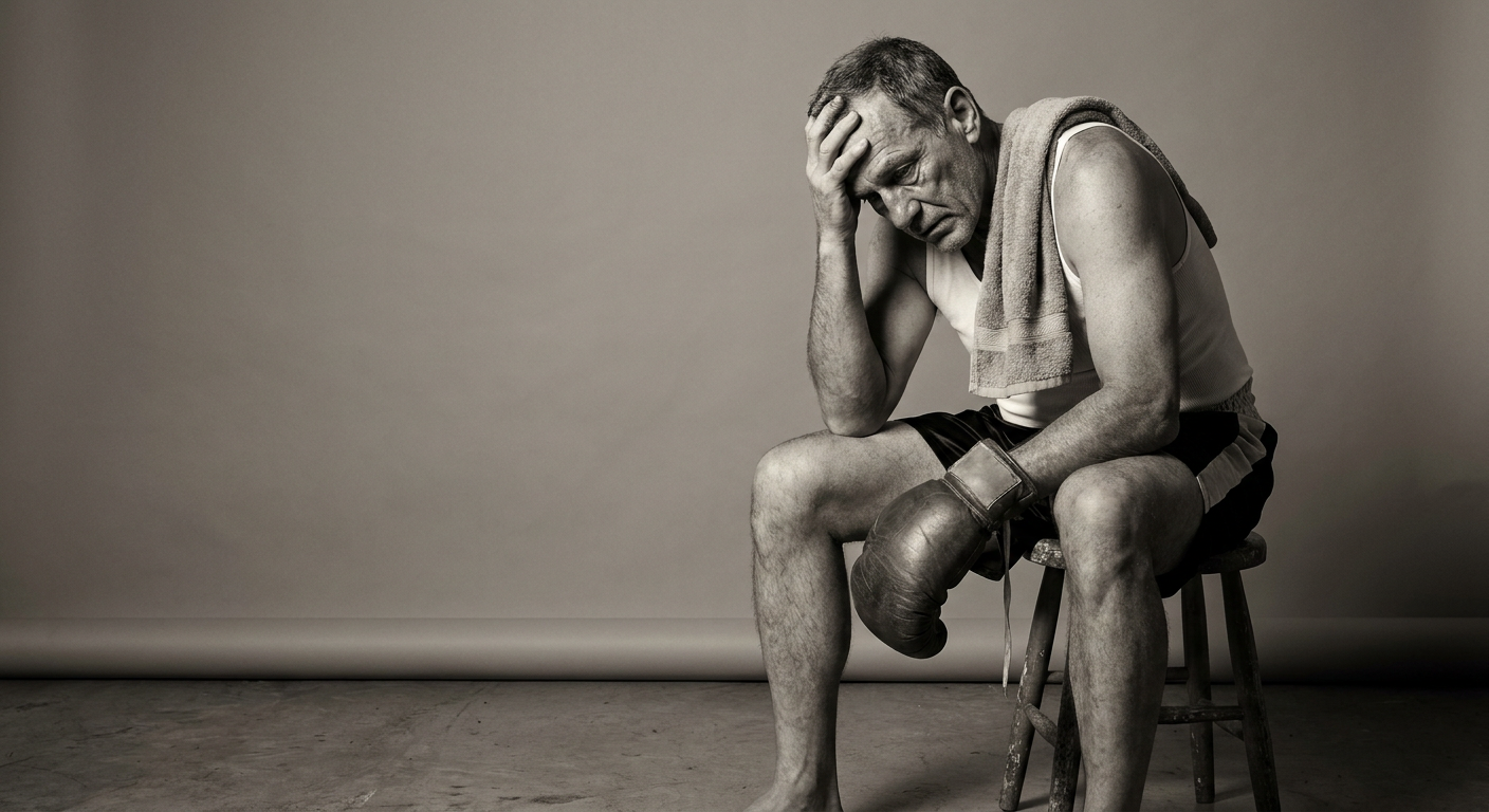 Older male boxer seated on a wooden stool in a plain studio setting, one glove partially removed, holding his head with his bare hand, expression showing post-training fatigue and discomfort