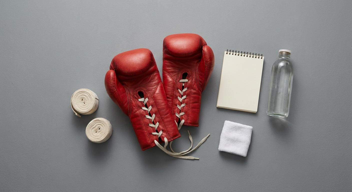 Overhead flat-lay of boxing gear on a plain grey studio surface including red lace-up gloves, rolled hand wraps, an open spiral notebook, and a clear water bottle