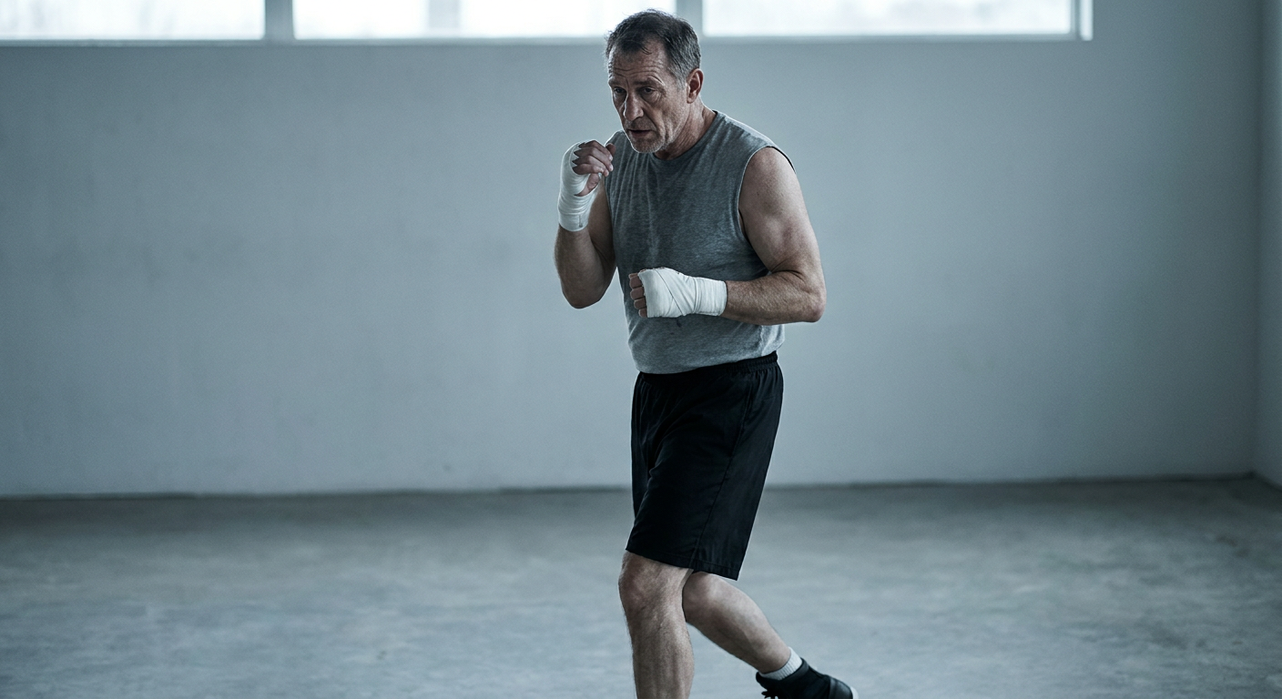 Older male boxer in his late 50s doing light shadowboxing in a plain studio, hands wrapped but gloveless, mid-distance shot showing guard and footwork, overcast grey studio lighting