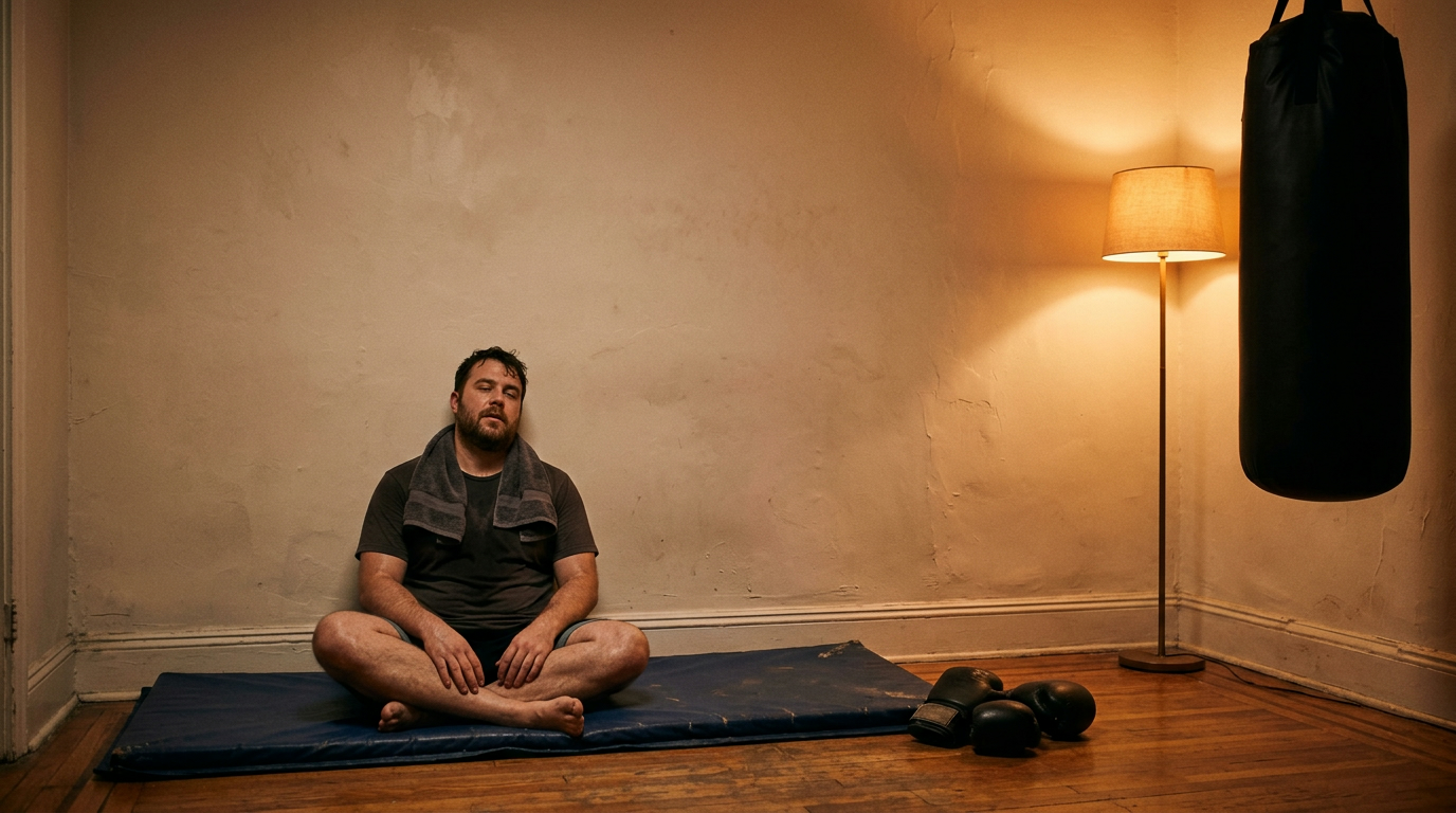 Heavyset man resting cross-legged on a blue mat with a towel around his neck beside a floor lamp and hanging black heavy bag