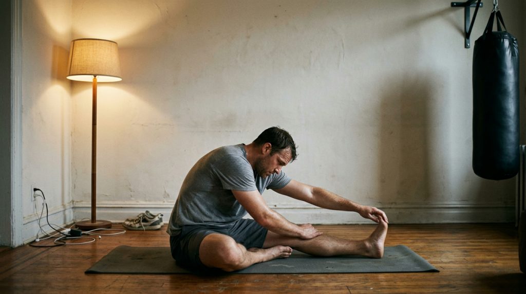 Man stretching his hamstring on a grey mat in a lamp lit apartment corner with a black heavy bag hanging on the wall