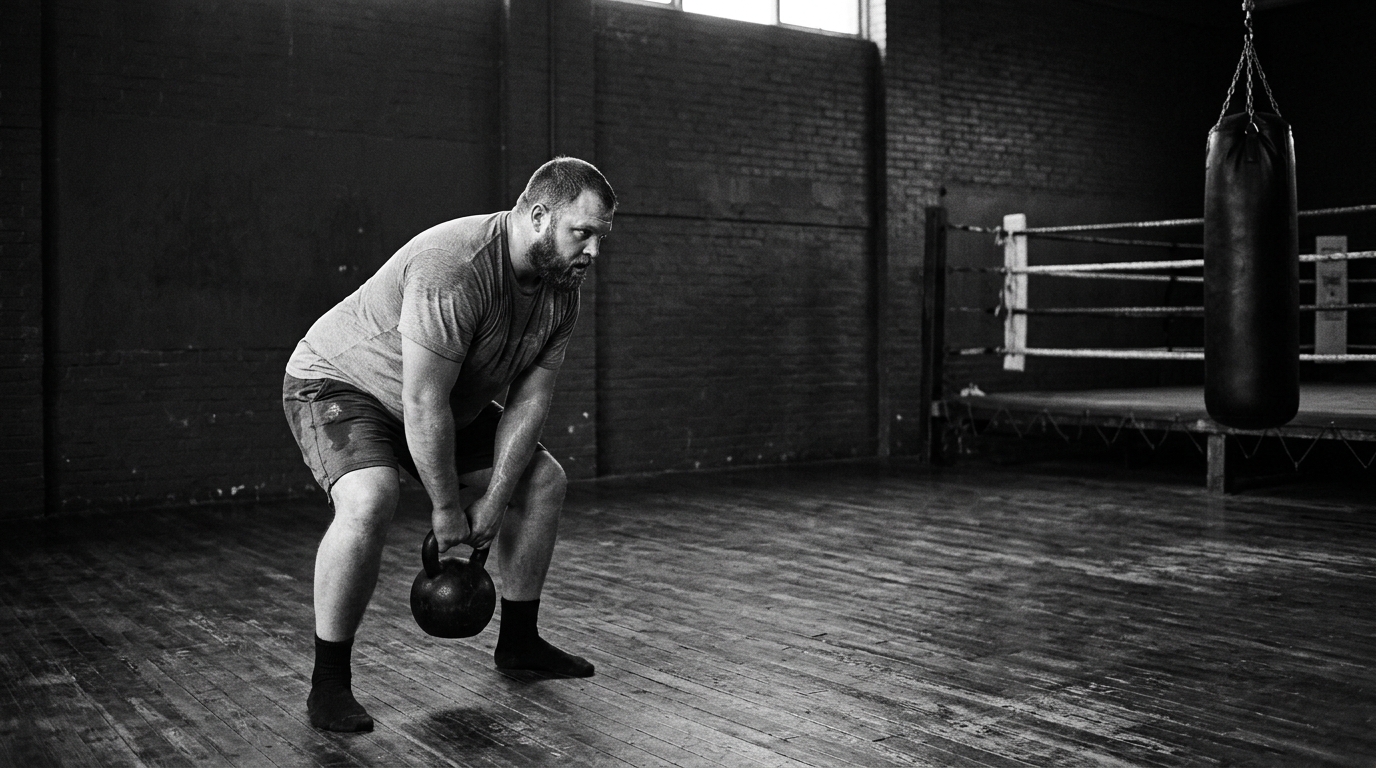 Heavyset man in a grey shirt hinging into a kettlebell swing on a worn wooden gym floor beside an empty ring