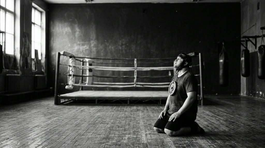 Heavyset man kneeling on a worn wooden gym floor wearing a leather neck harness with a small weight plate, empty ring behind him