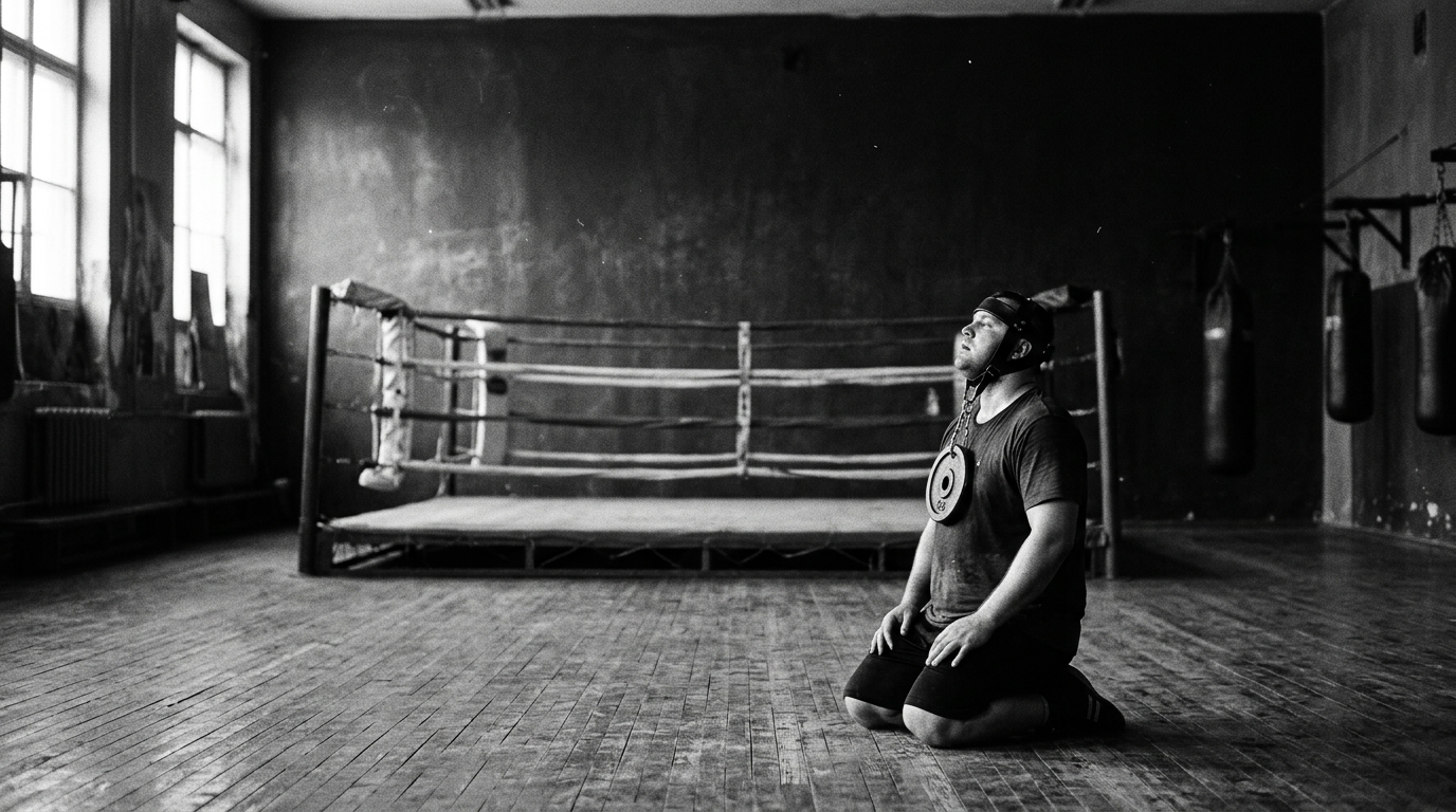 Heavyset man kneeling on a worn wooden gym floor wearing a leather neck harness with a small weight plate, empty ring behind him