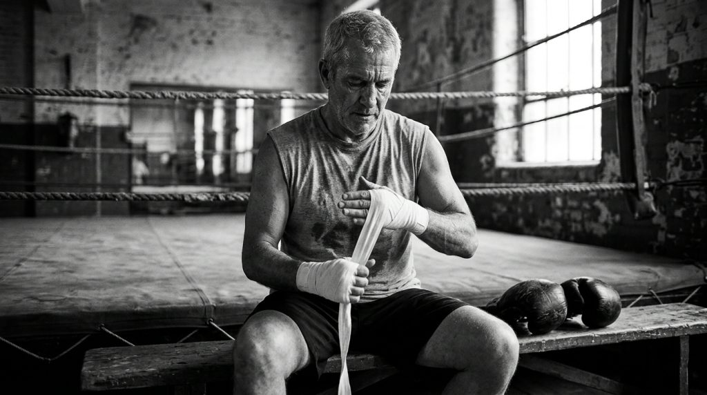 Grey haired man wrapping his hands with white wraps on a wooden bench beside an old boxing ring