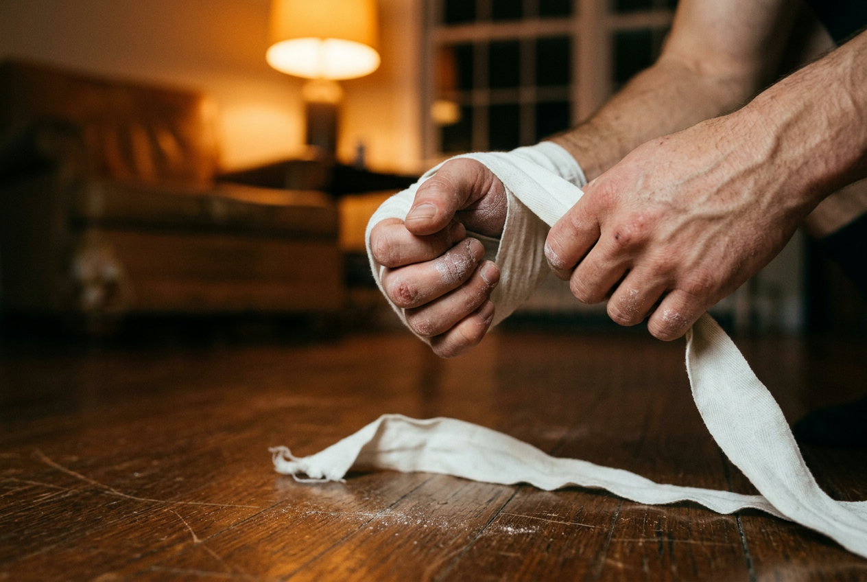 Close-up of chalky knuckles slowly unwinding plain white hand wraps over a scuffed hardwood floor under lamp light