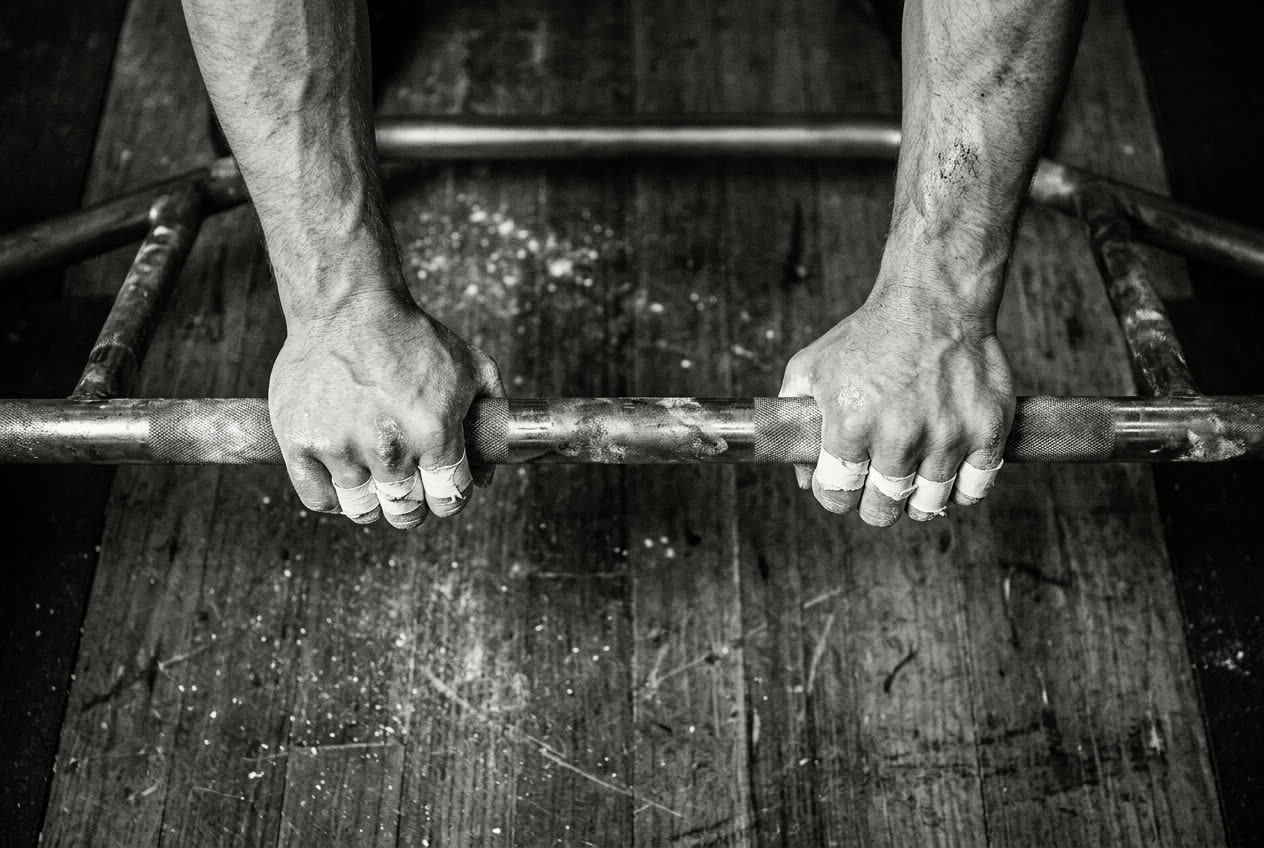 Overhead close-up of chalked hands with taped fingers gripping a knurled steel bar above a scuffed wooden floor