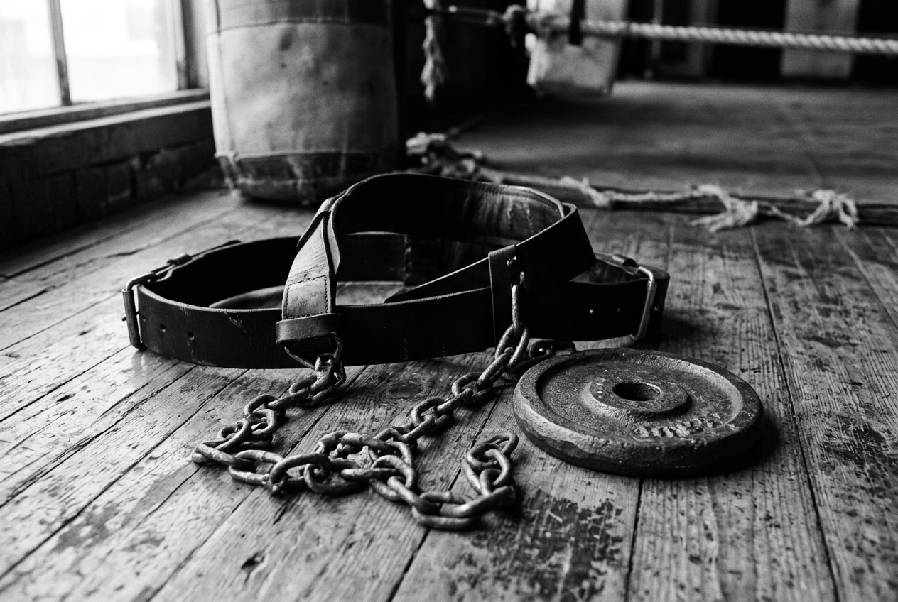 Close up of a worn leather neck harness, iron chain and small weight plate lying on scuffed wooden floorboards