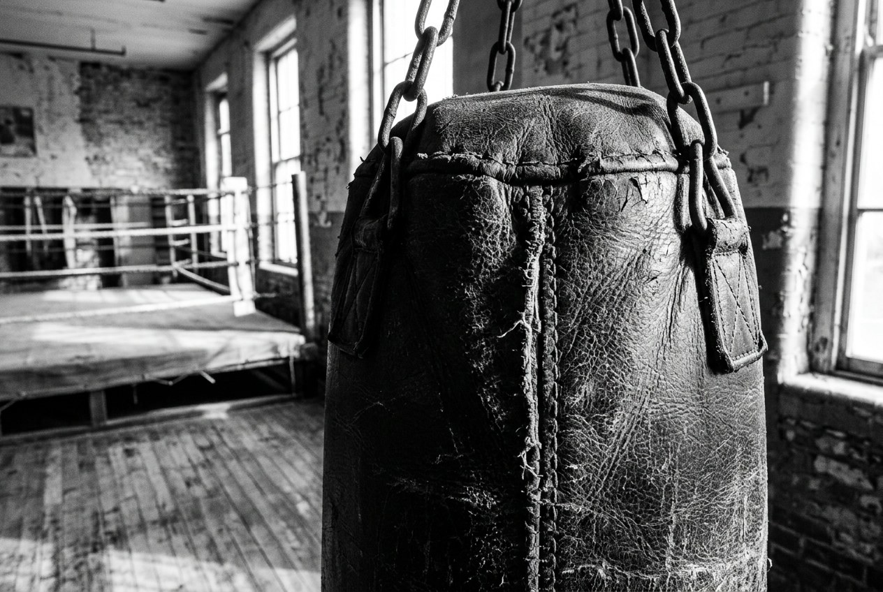 Close view of a cracked and scuffed old leather heavy bag hanging from steel chains in a brick gym