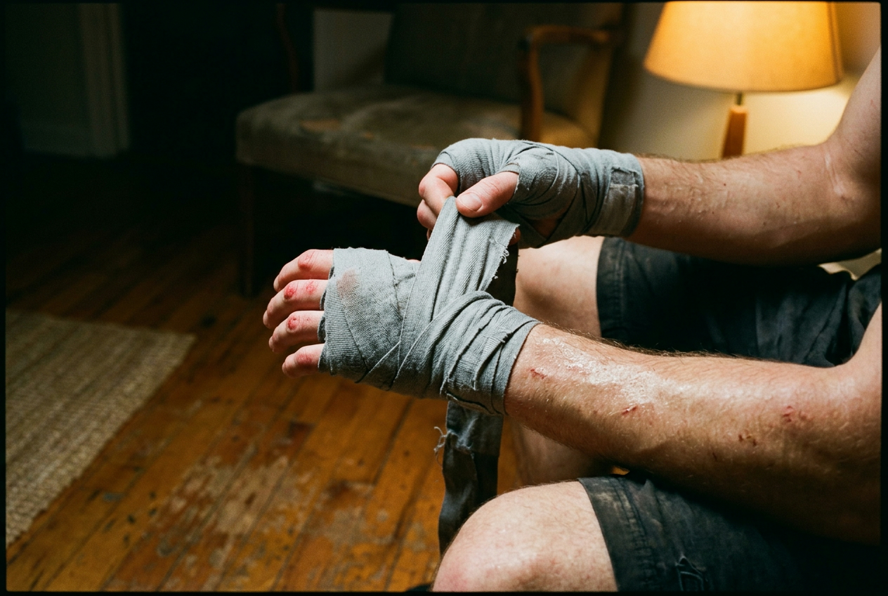 Close-up of sweaty hands unwinding grey cotton hand wraps over reddened knuckles after a bag workout
