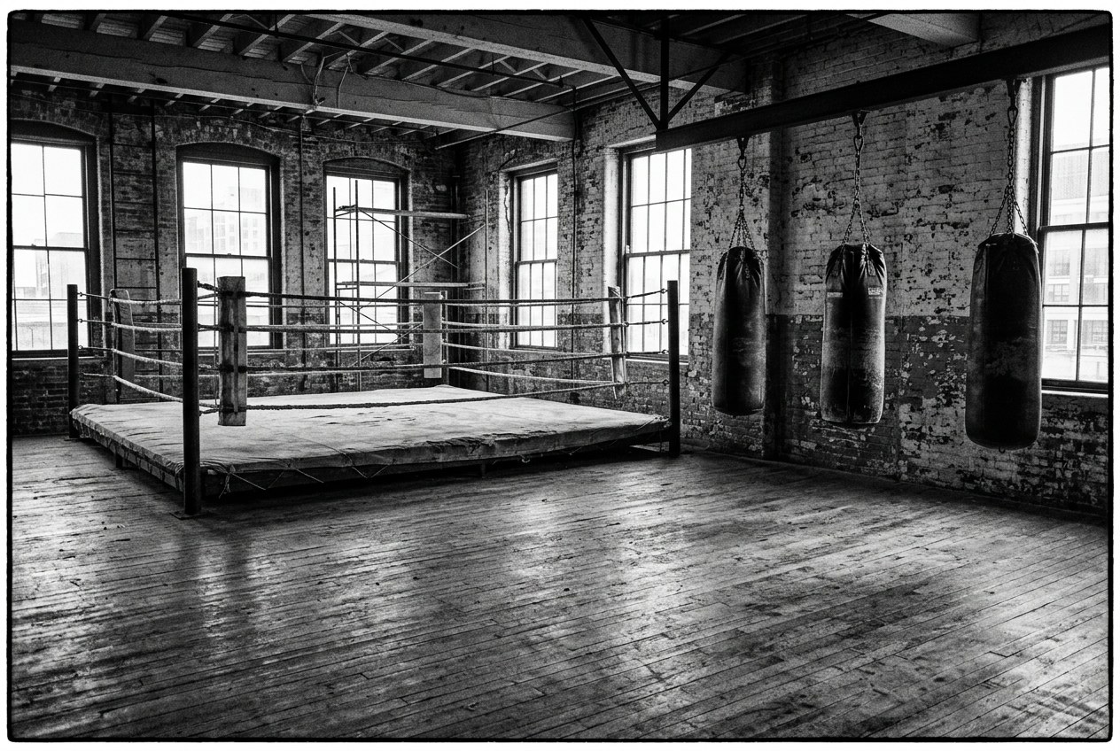 Empty old boxing gym with a worn ring, wooden floor and three heavy bags hanging by tall windows