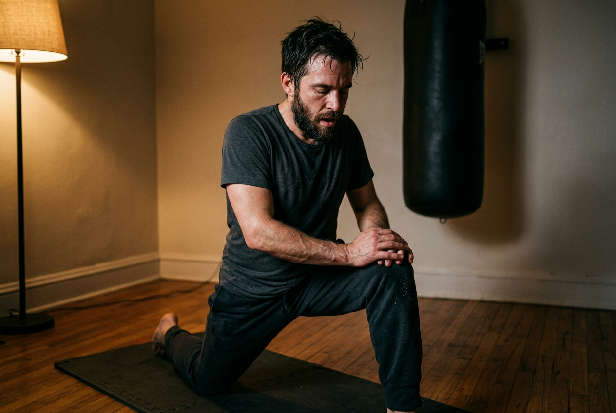 Sweaty bearded man in a kneeling hip flexor stretch on a mat beside a hanging black heavy bag