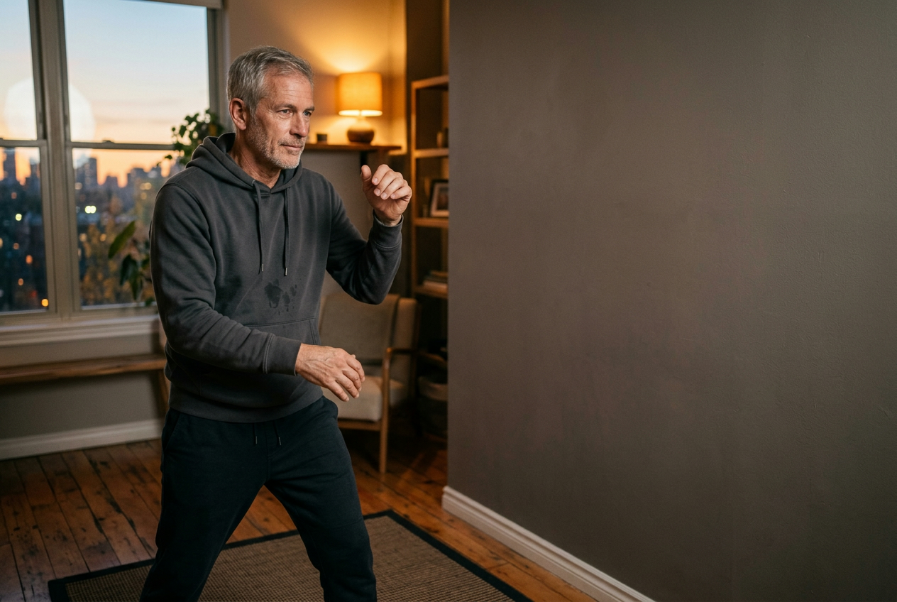 Grey-haired man in a dark hoodie shadowboxing slowly without gloves near a city window at dusk