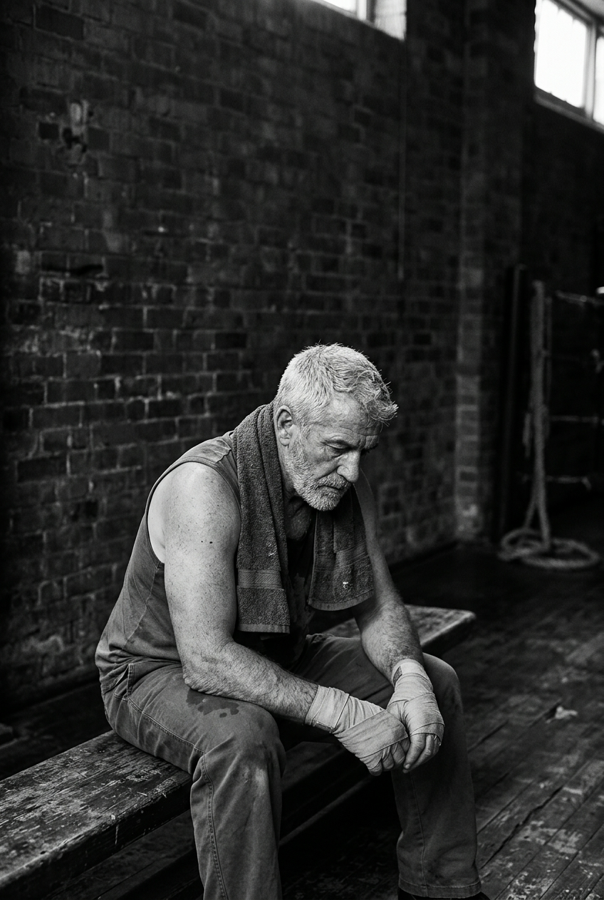 Grey haired older man with wrapped hands resting on a wooden bench with a towel around his neck