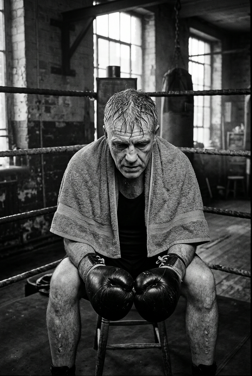 Older boxer resting on a stool in the ring corner with a towel over his shoulders and gloves on