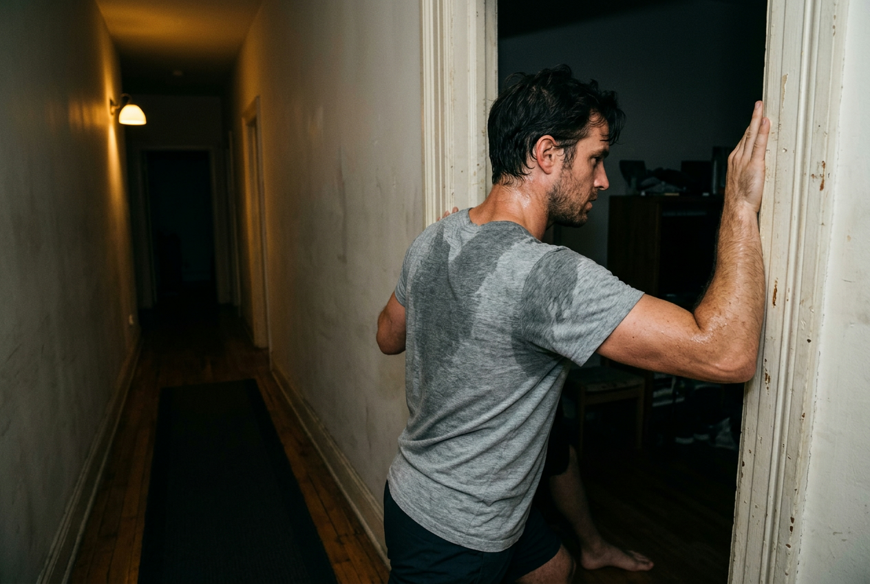 Man in a sweat soaked grey shirt stretching his chest with one hand pressed on an apartment door frame