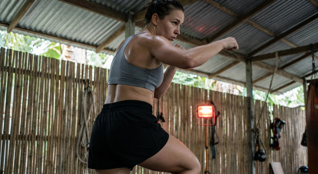 Female Muay Thai fighter mid-shadowboxing in a Muay Thai camp, rotating through a rear cross, bamboo and tin roof visible in background