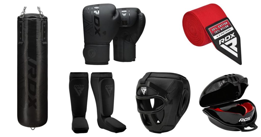 RDX beginner boxing equipment: punching bag, boxing gloves, hand wraps, shin guards, head guard and mouth guard
