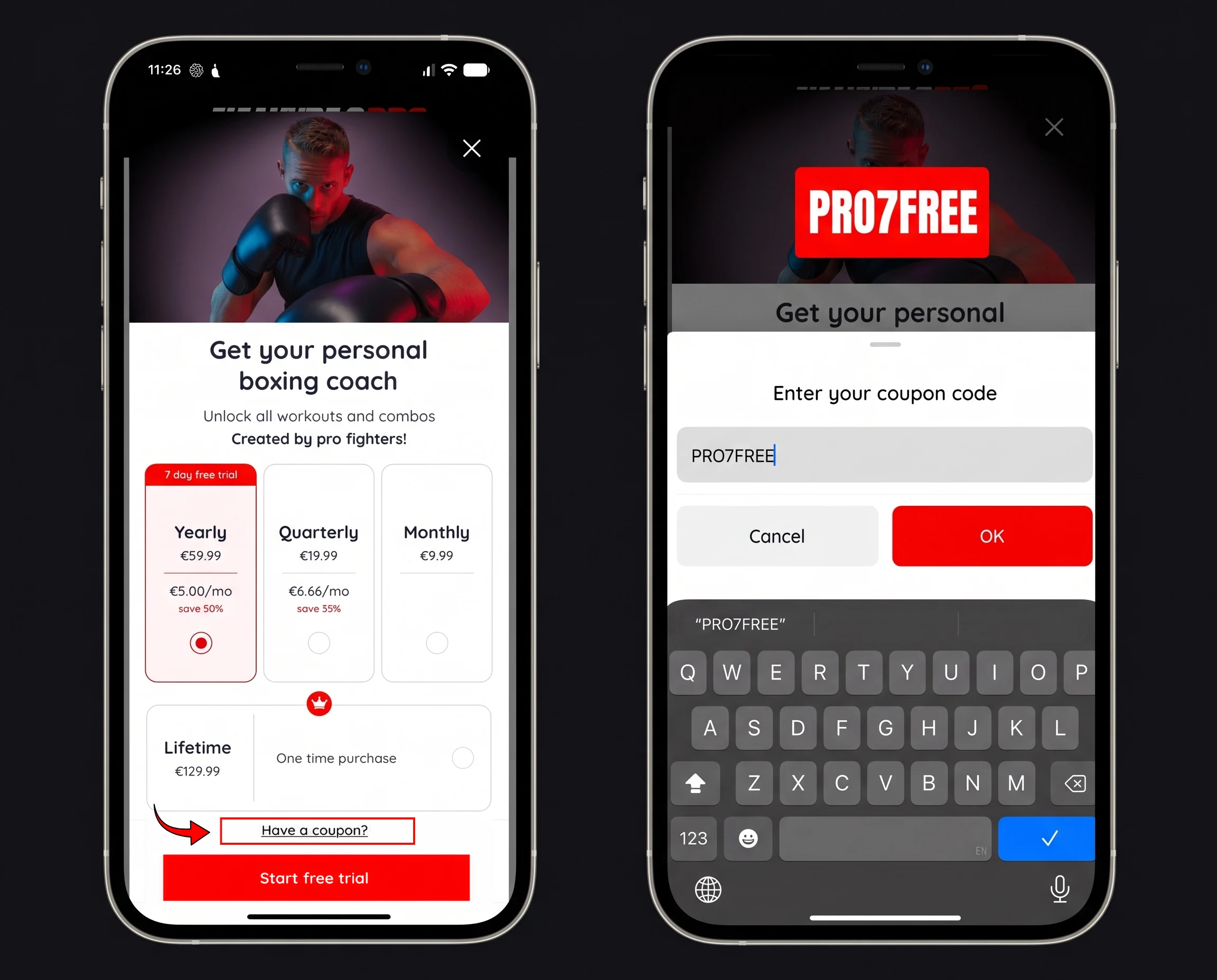 Heavy Bag Pro premium screen and coupon code entry field showing PRO7FREE