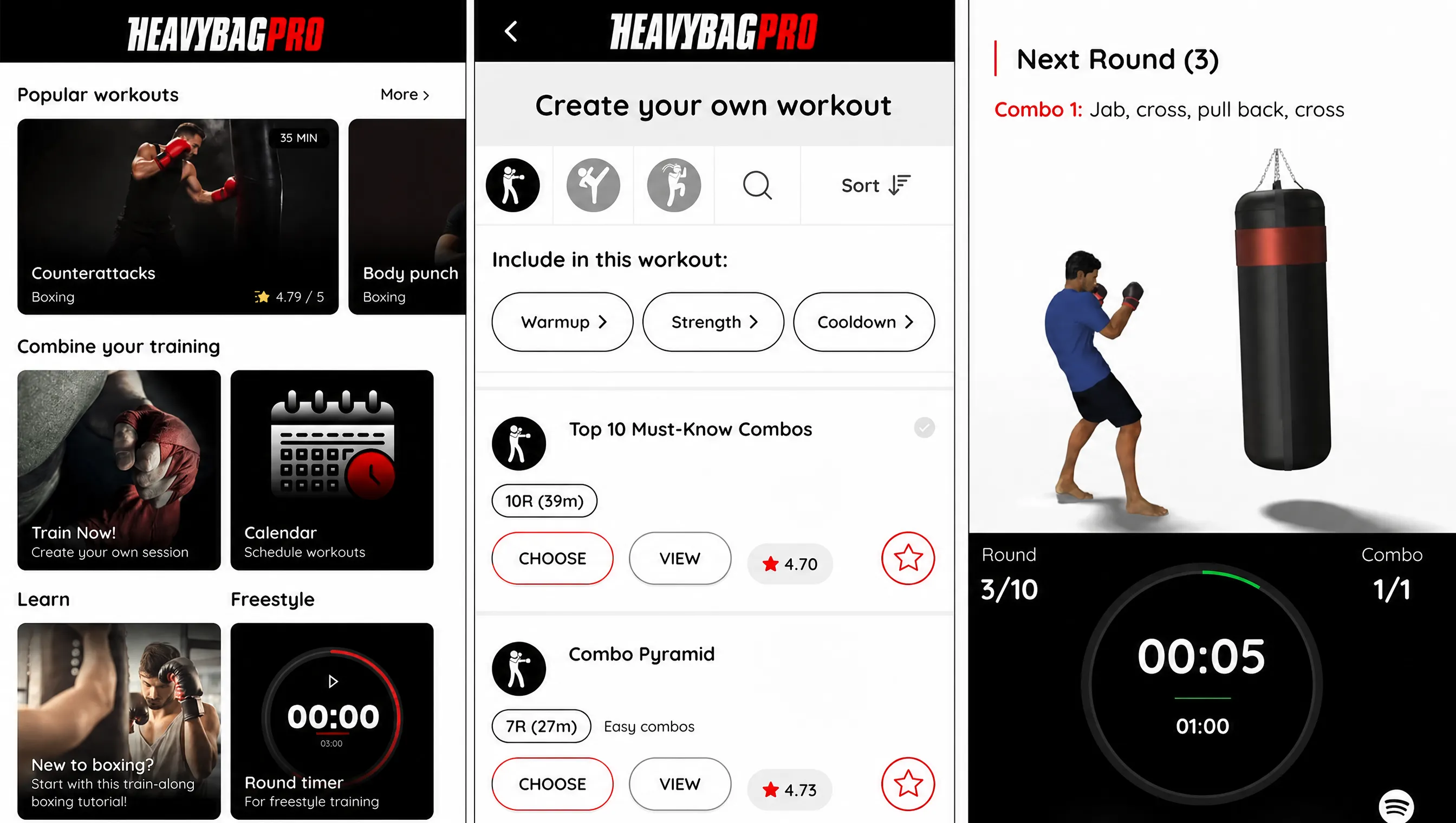 Heavy Bag Pro app screens showing popular workouts, the workout builder and a guided round with combo prompts