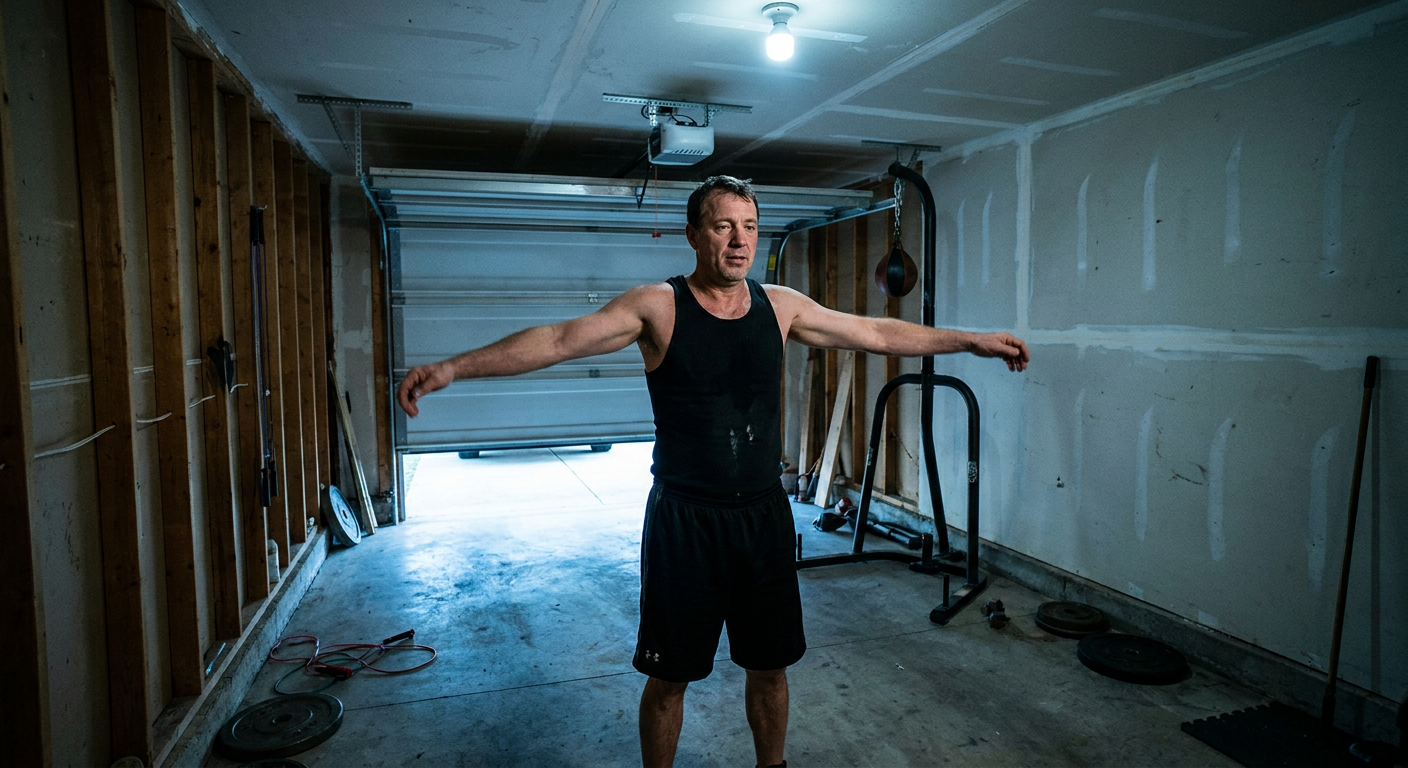 Boxer doing arm rotation warm-up exercises in a home garage gym, standing in front of plain drywall under cool LED lighting, no bag contact, arms extended mid-rotation
