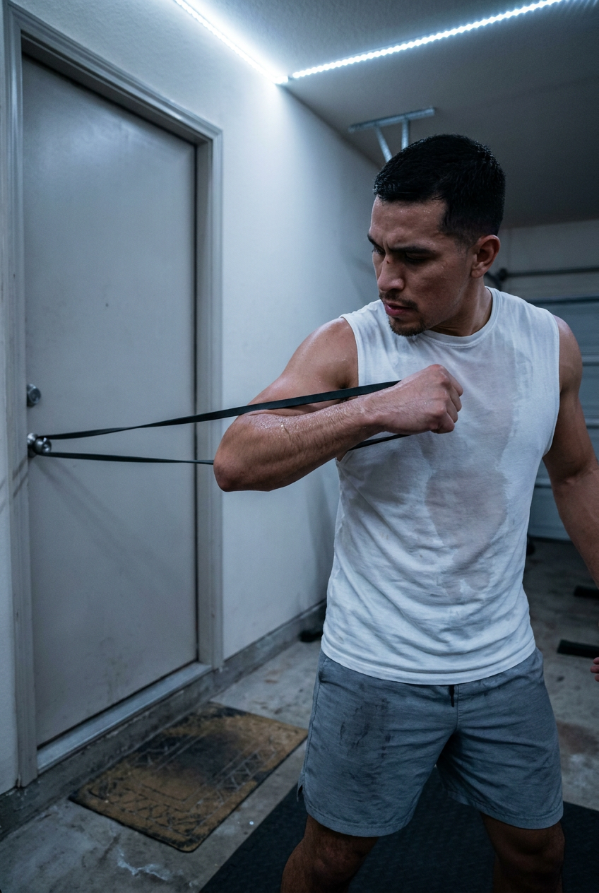 Vertical portrait: boxer using a resistance band anchored to a door handle in a garage gym, performing shoulder external rotation exercise for rotator cuff rehab, plain concrete floor and cool white LED overhead