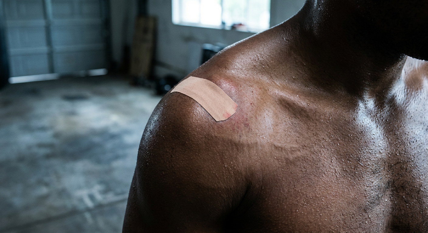 Extreme macro close-up of a boxer's shoulder with kinesiology tape strip applied diagonally, skin glistening with sweat, cool blue-white daylight, natural skin texture with slight redness near the taped area