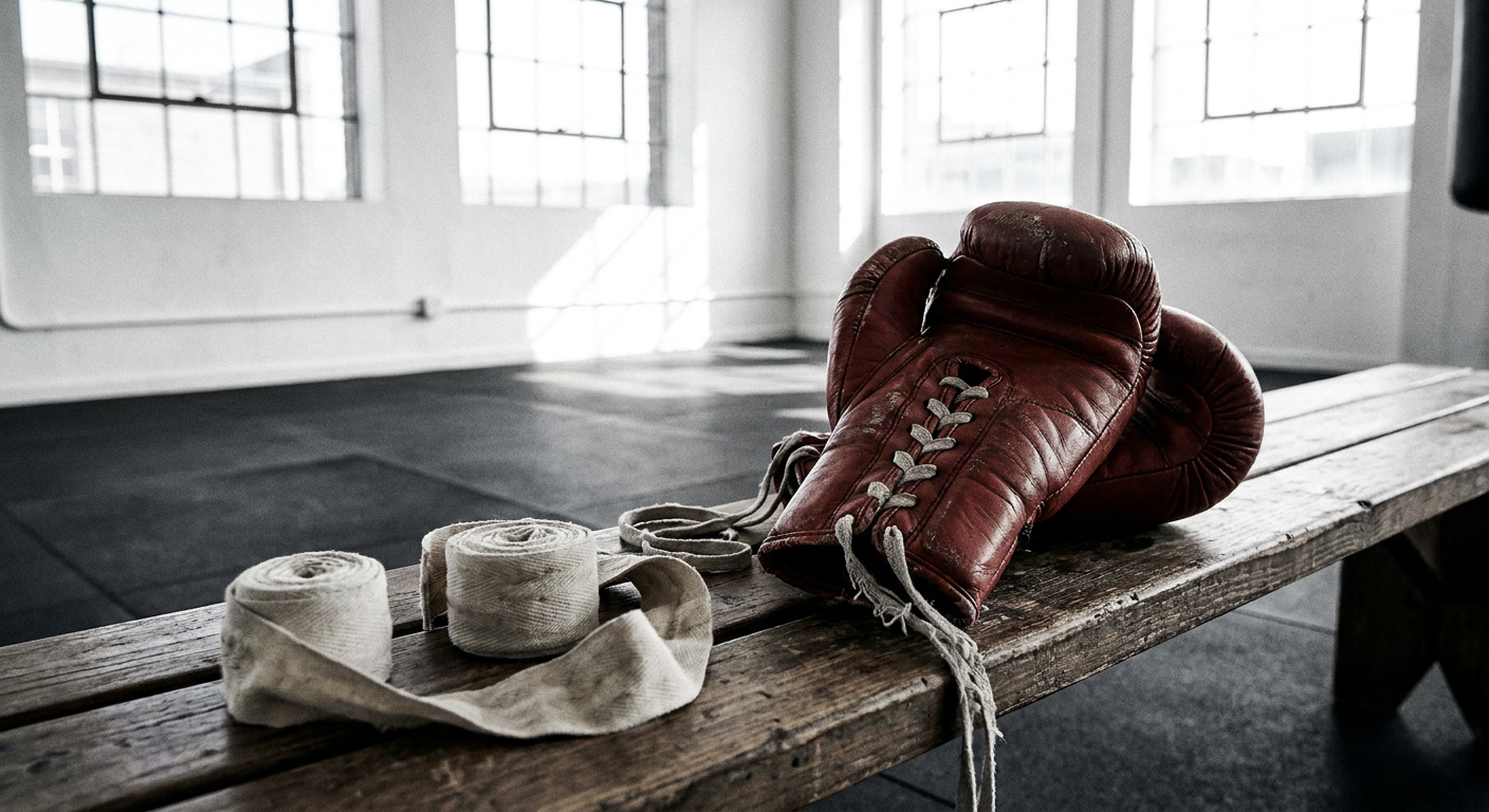Close-up of worn red lace-up boxing gloves resting on a wooden gym bench alongside loosely coiled hand wraps after a training session, cool blue-white daylight, high-contrast desaturated near black-and-white