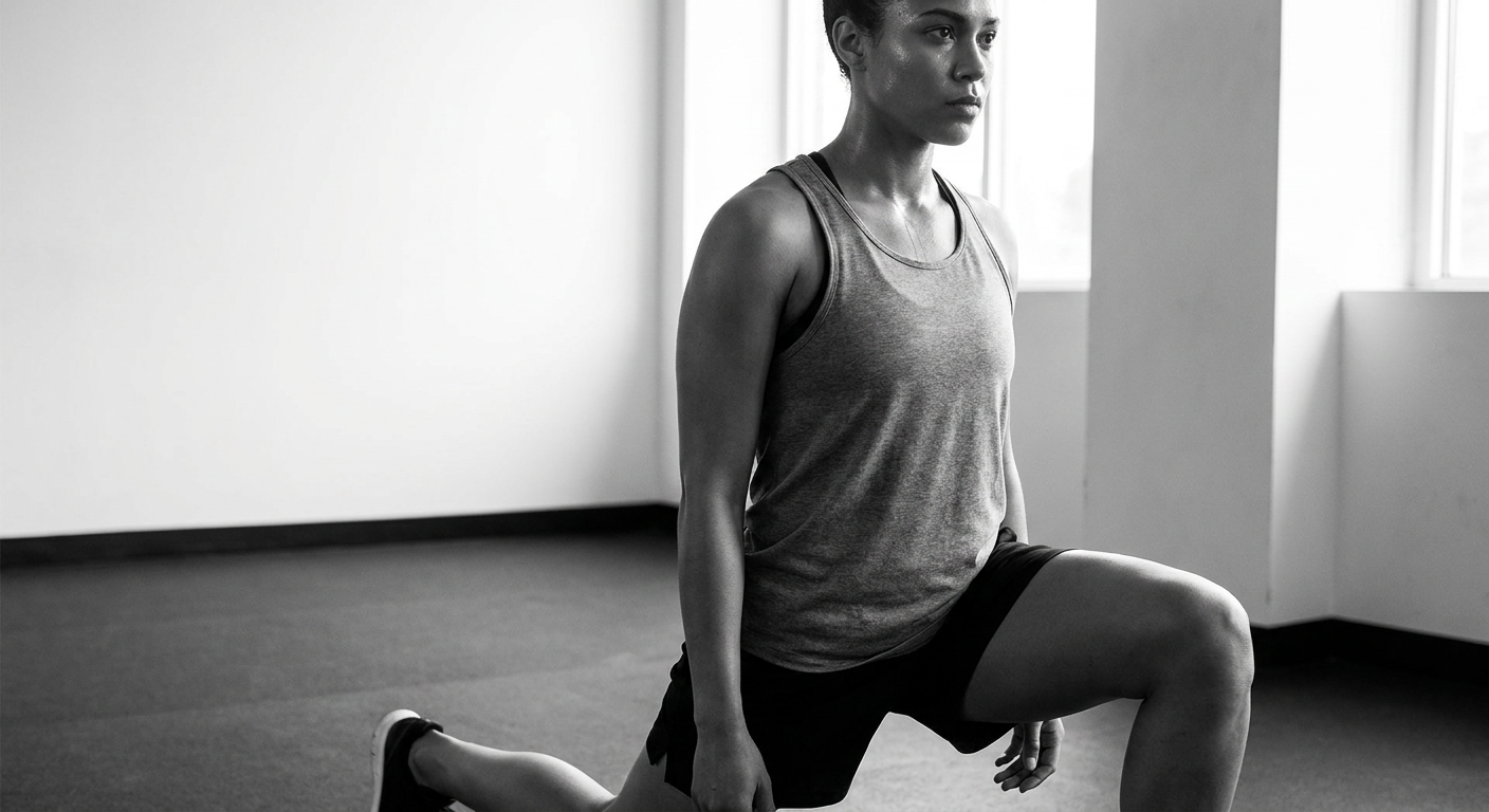 Focused fighter in a low lunge hip flexor stretch on black rubber gym floor, knee down, torso upright, grey tank top, bright modern gym with white walls and daylight, high-contrast desaturated editorial tone