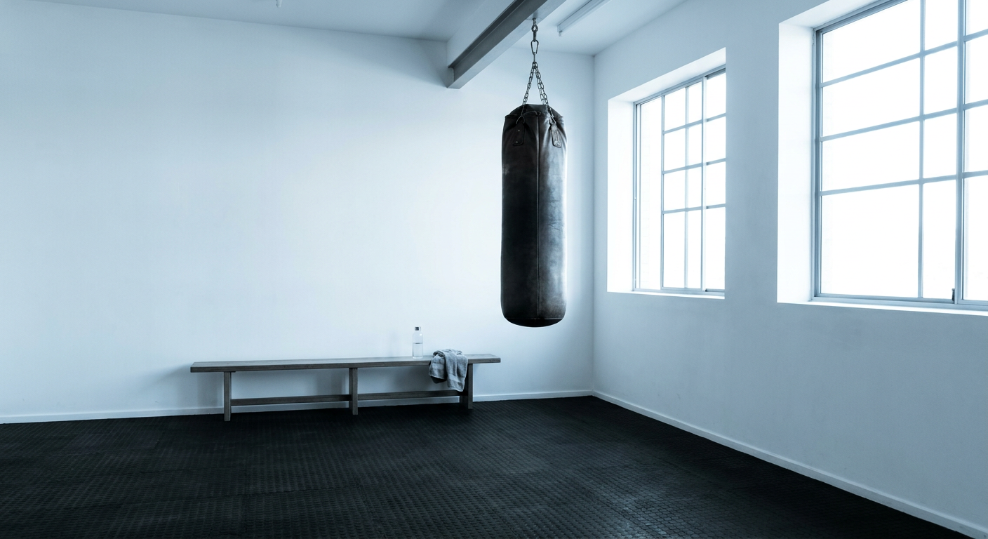 Bright modern boxing gym corner with a heavy bag hanging still after a session, wooden bench with towel alongside the wall, cool daylight through large windows, desaturated color grade