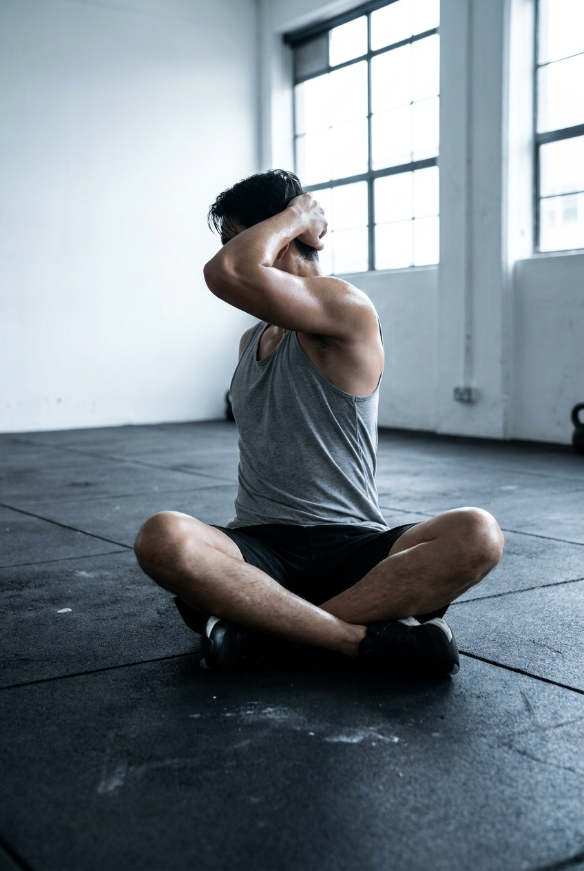 Person seated cross-legged on gym floor doing thoracic rotation stretch, one hand behind head elbow out, torso twisting, grey tank top, bright modern gym setting, vertical portrait framing, high-contrast desaturated near black-and-white