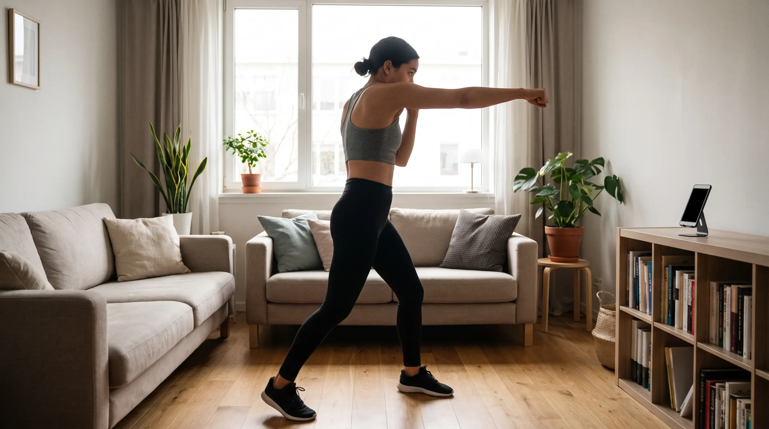 Woman shadowboxing in a living room without a punching bag